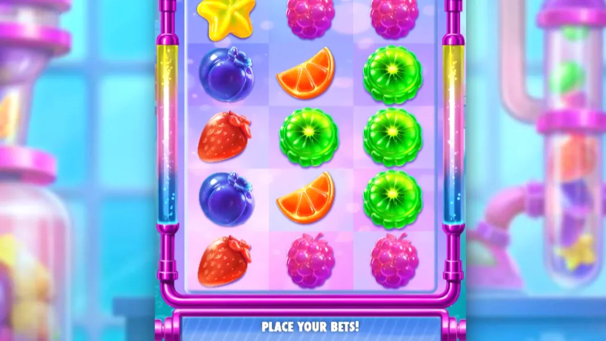 Tampilan antarmuka slot Sweet Burst dengan tema laboratorium permen futuristik
