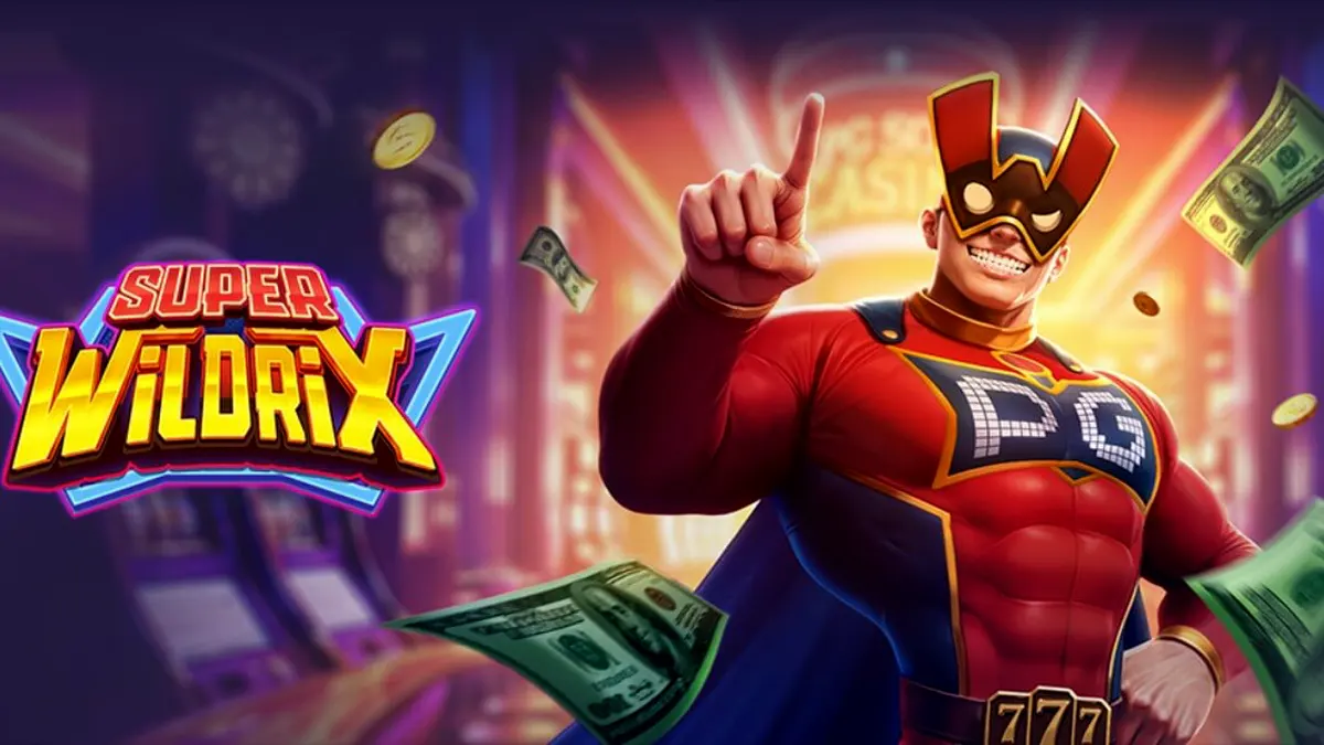 Tampilan visual slot Super Wildrix dengan tema superhero neon