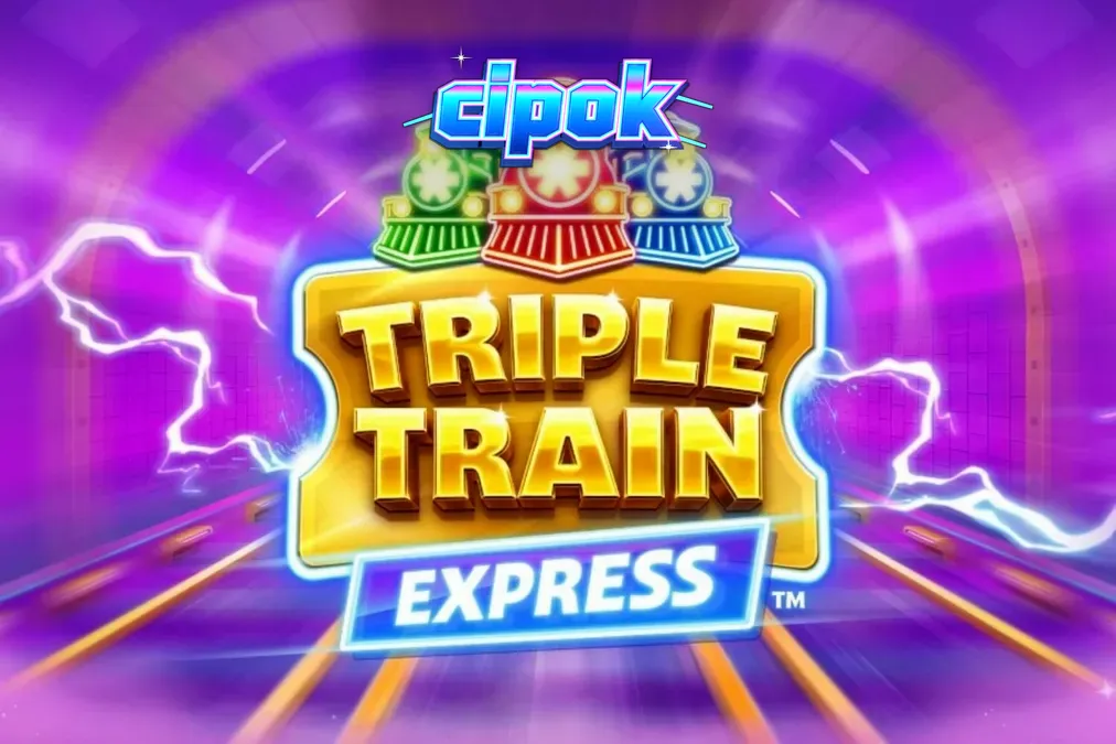 Tampilan futuristik neon dari slot Triple Train Express dengan lokomotif bercahaya.